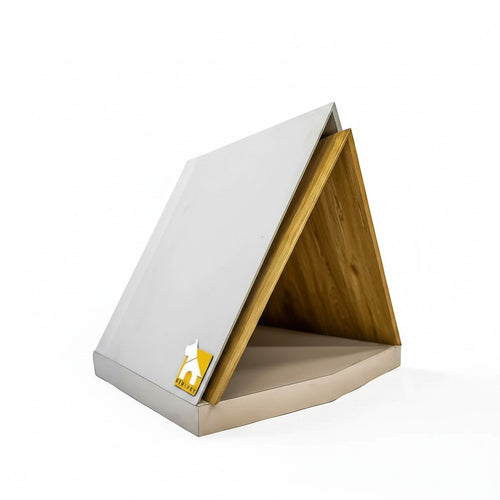 Barkkey Cozzy Junior Villa pyramid-shaped wooden pet house with white exterior and natural wood interior for small pets