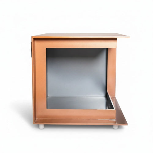 Barkkey Cuboid modern copper-toned pet side table with a grey interior, designed as a stylish dog home.