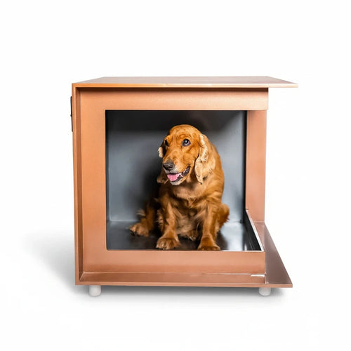Barkkey Cuboid modern copper-toned pet side table with a cozy interior and a sitting golden spaniel dog