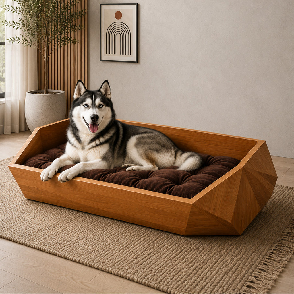 Barkkey Drago sculptural geometric wooden pet bed with a plush brown cushion and a husky resting inside.