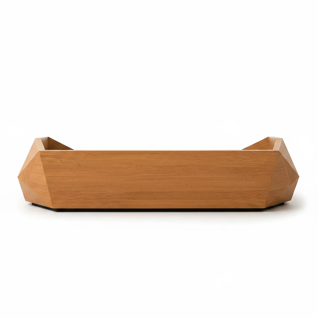 Barkkey Drago sculptural geometric pet bed with a faceted light wood frame on a white background