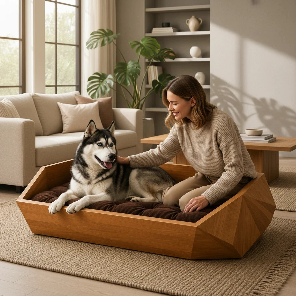 Barkkey Drago sculptural wooden pet bed with a plush brown cushion, featuring a woman petting a husky inside.