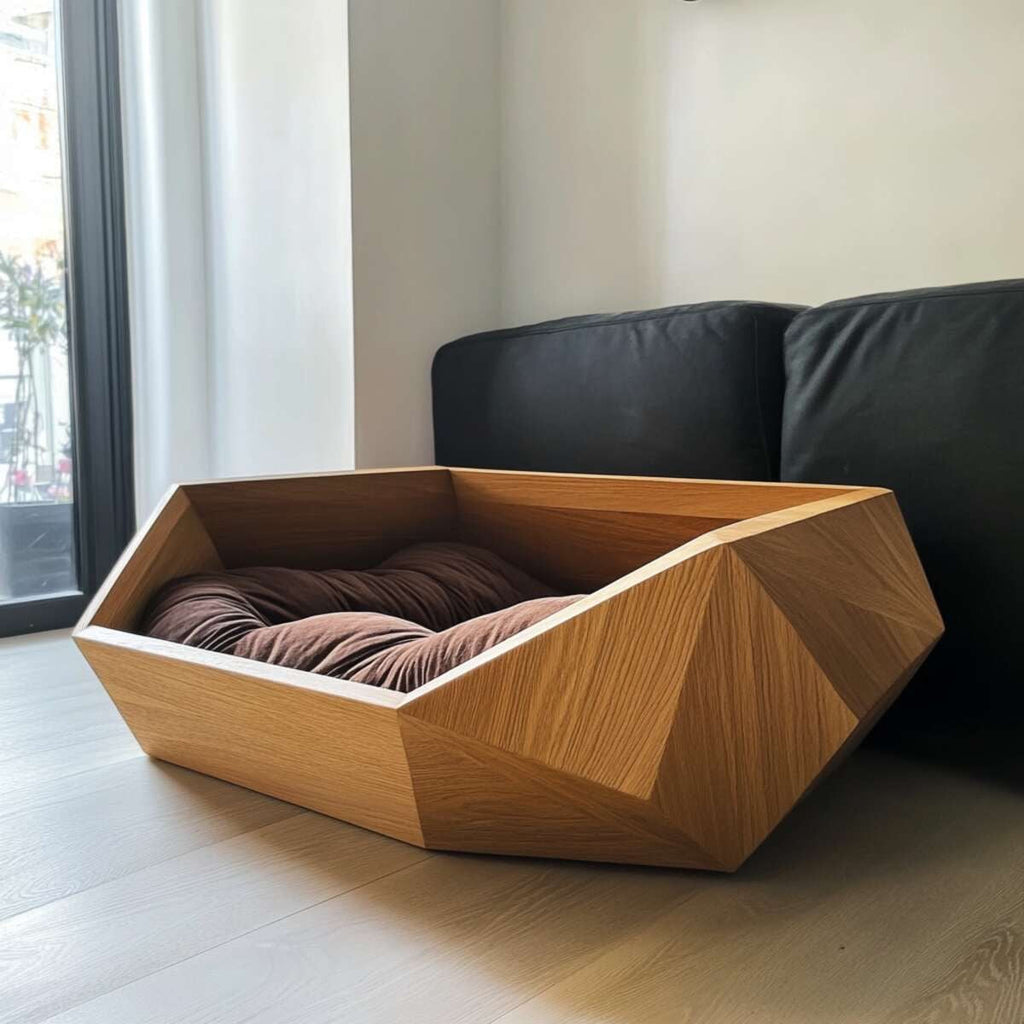 Barkkey Drago sculptural geometric pet bed with a faceted oak wood frame and a plush brown interior cushion