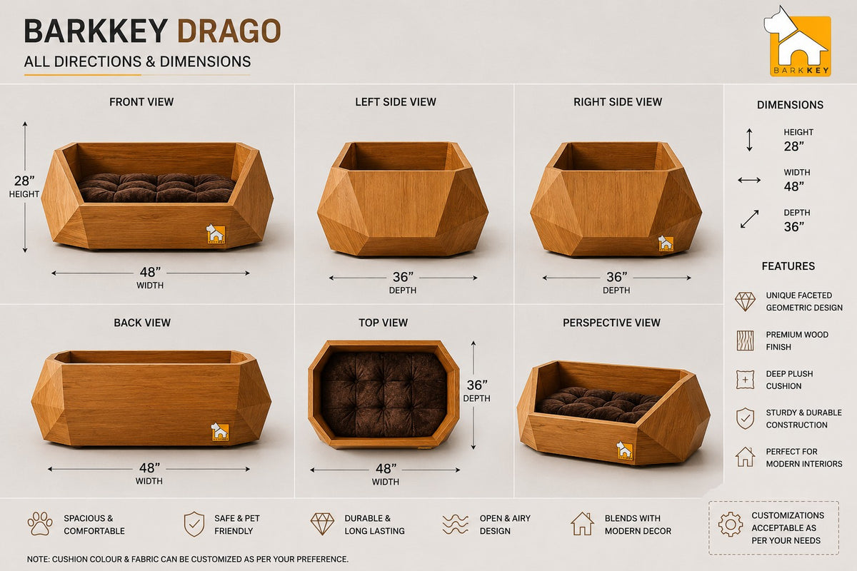 Barkkey Drago sculptural geometric wooden pet bed with a deep plush brown cushion shown from multiple angles
