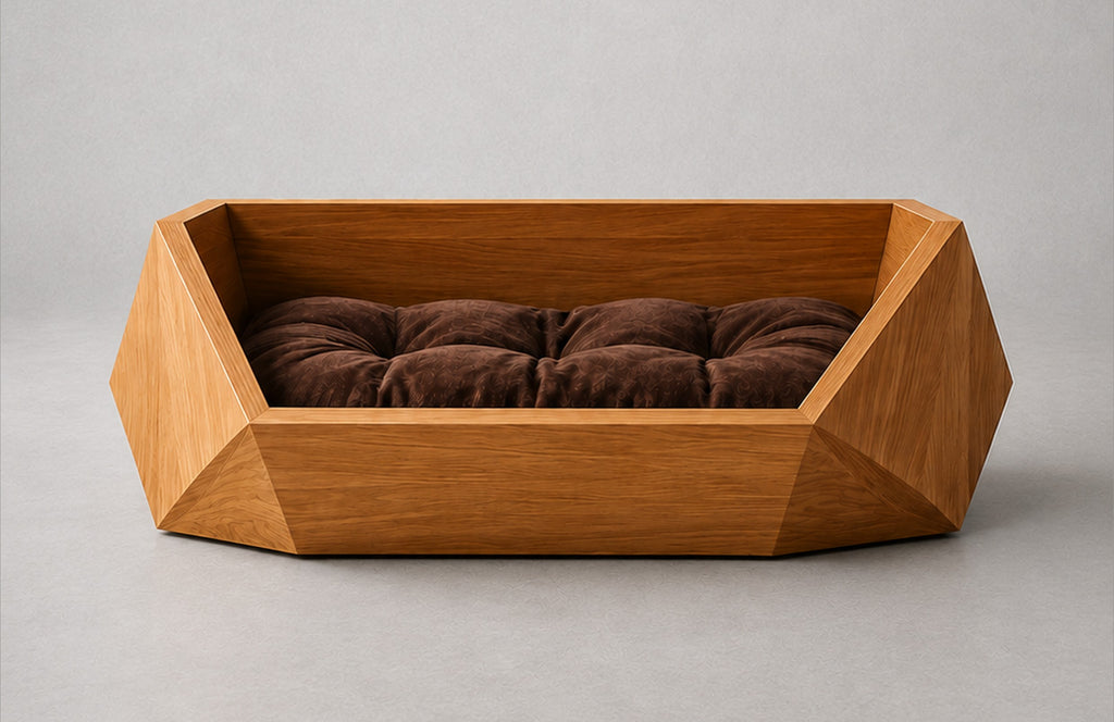Barkkey Drago sculptural geometric pet bed with a faceted wooden frame and a plush brown tufted cushion