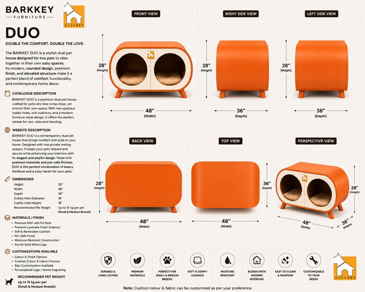 Barkkey DUO orange dual pet house with rounded architectural design, removable cushions, and solid wood legs.