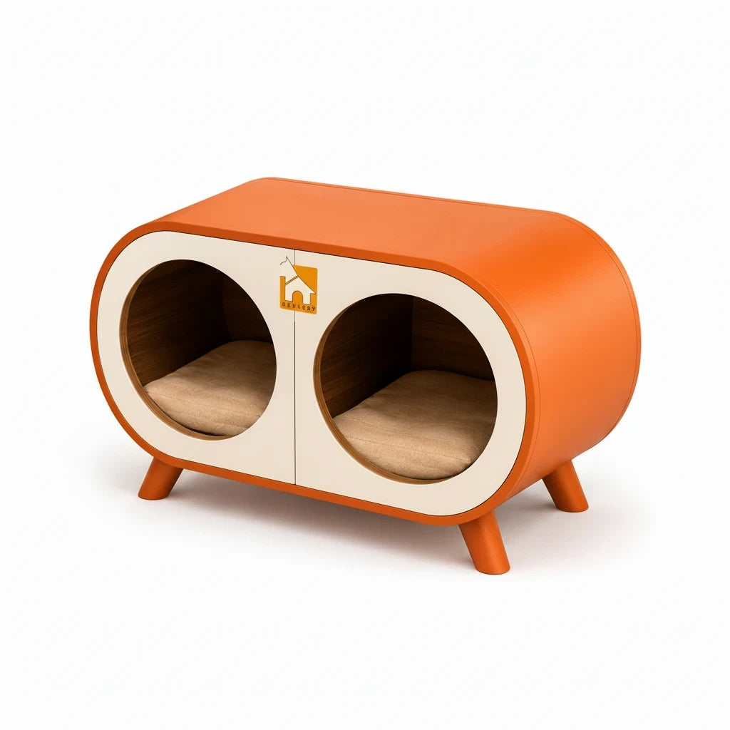 Barkkey DUO modern orange and white pet furniture with two circular compartments and soft removable cushions.