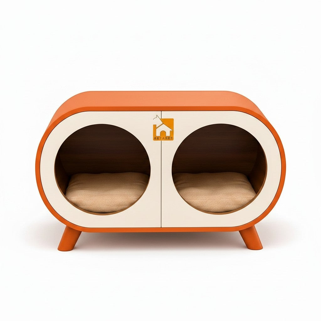 Barkkey DUO modern double pet house with orange exterior, white front, and two soft beige cushions for small pets.