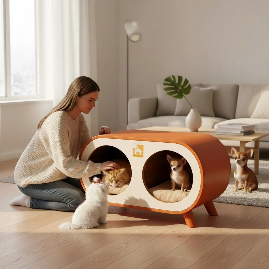 Barkkey DUO modern orange pet furniture with two compartments and soft cushions, featuring a woman petting a cat.