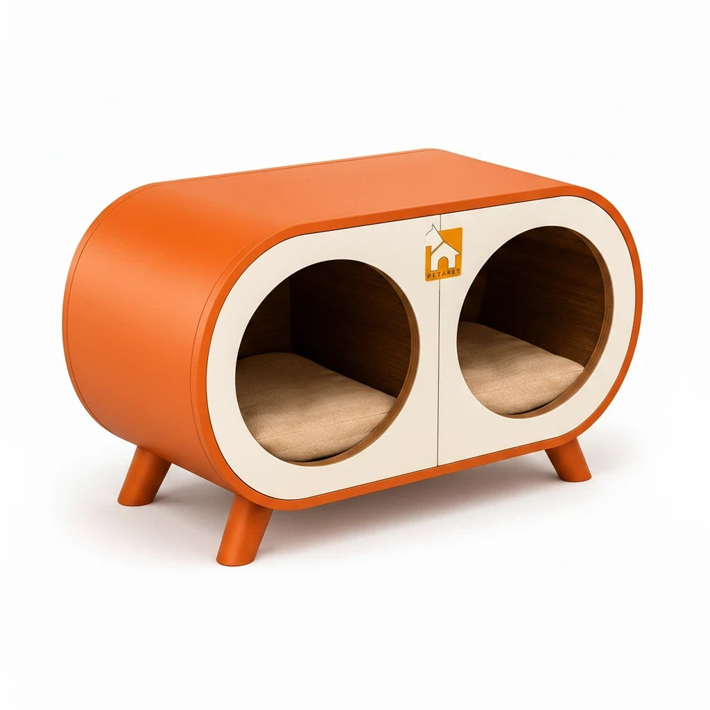 Barkkey DUO modern orange and white pet furniture with two circular compartments and soft beige cushions.