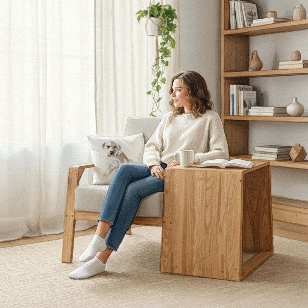 Barkkey Kin Chair in light wood with grey upholstery, featuring an integrated pet den, occupied by a woman reading.