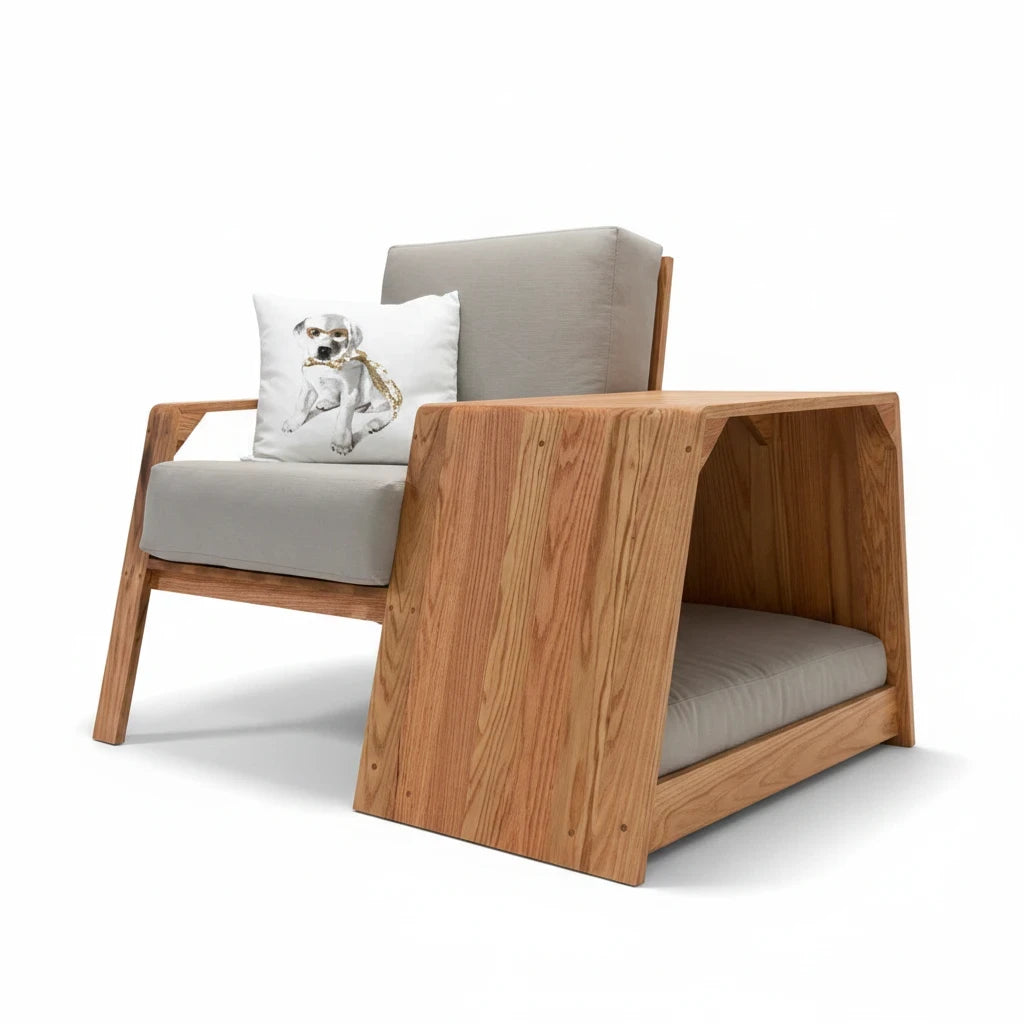 Barkkey KINCHAIR wooden armchair with integrated pet retreat and grey cushioned seat on a white background