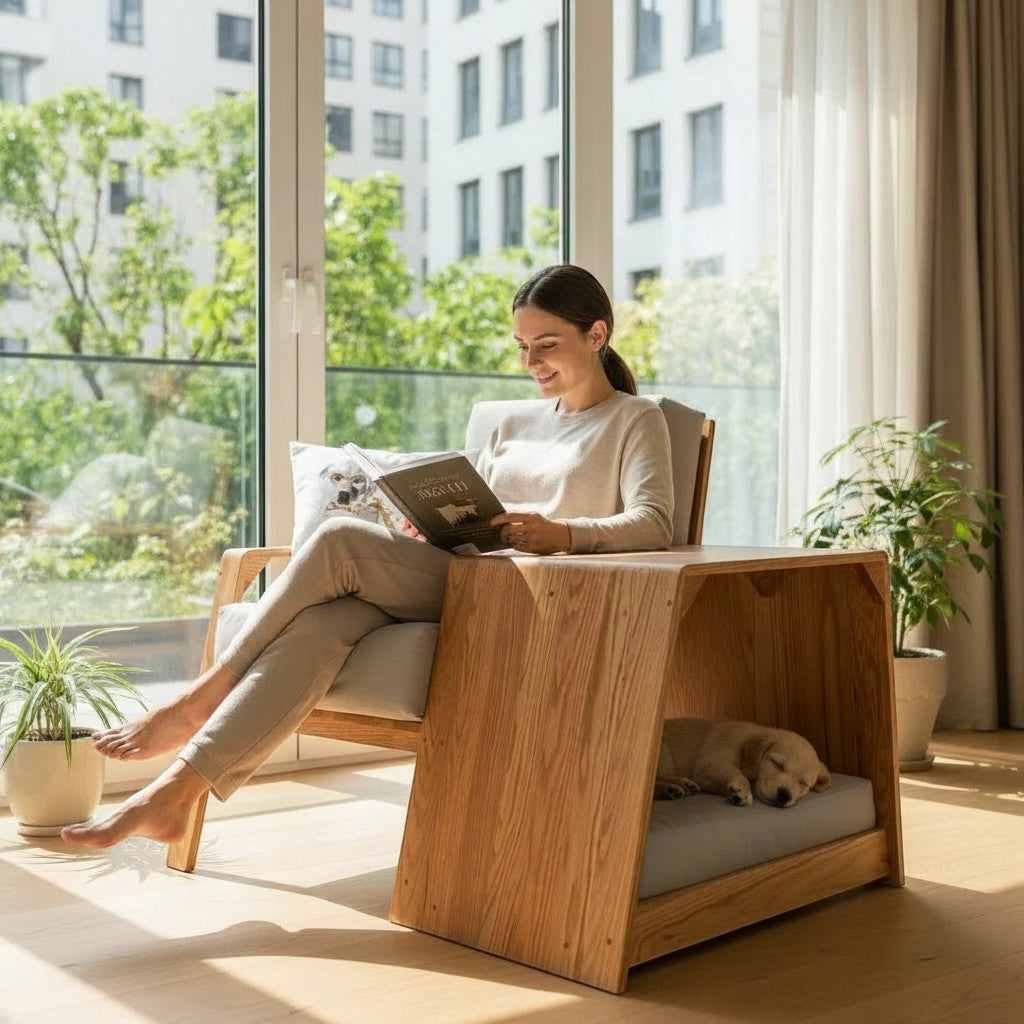 Barkkey KINCHAIR wooden armchair with integrated pet bed, featuring a sleeping puppy in a cozy side enclosure.