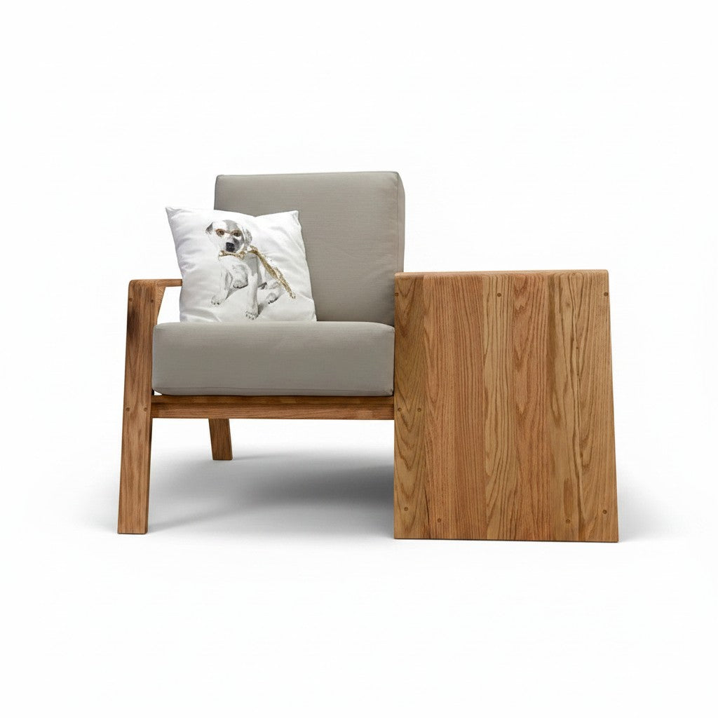Barkkey KINCHAIR wooden armchair with integrated pet retreat and grey cushioned seat on a white background