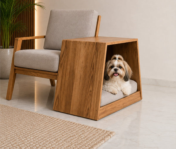 Barkkey KINCHAIR wooden armchair with integrated pet retreat and cushioned dog bed in a modern living room setting