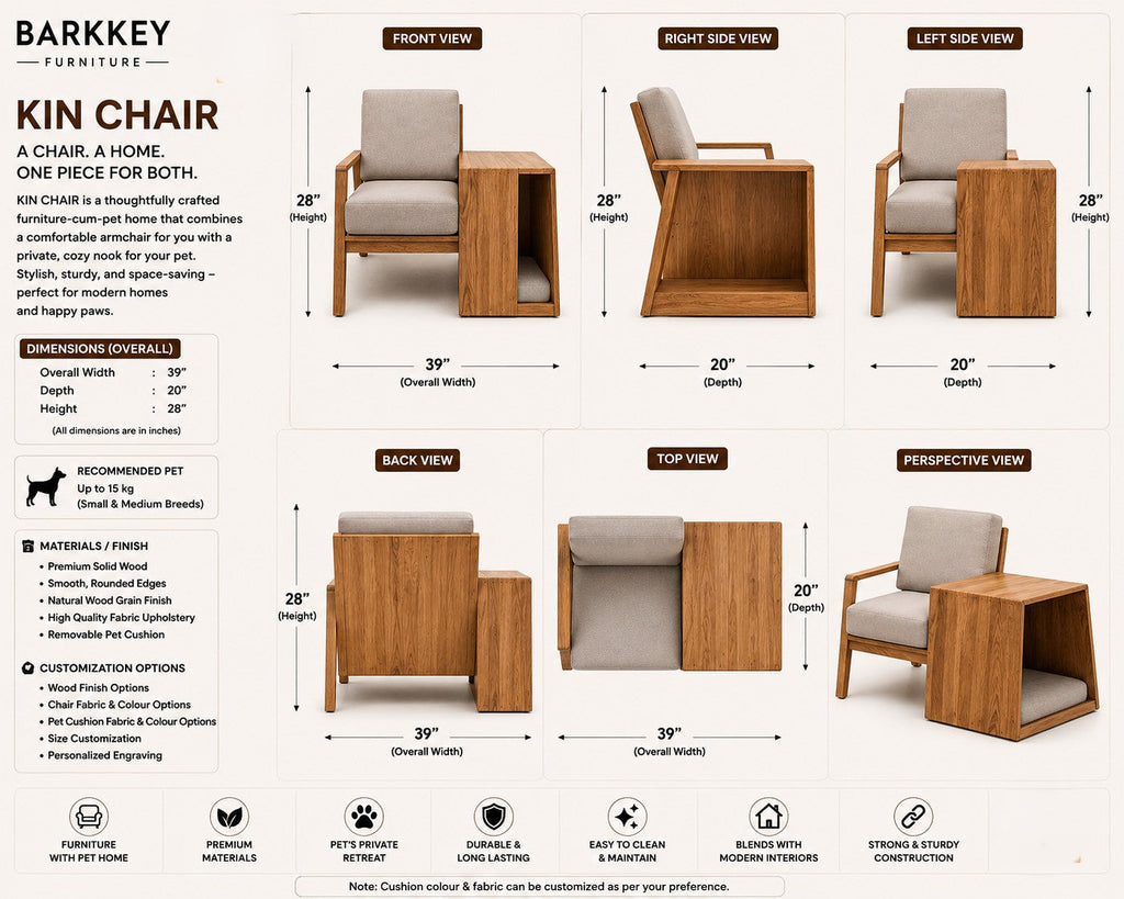Barkkey KINCHAIR wooden armchair with integrated pet retreat, featuring a cushioned pet box and modern design.