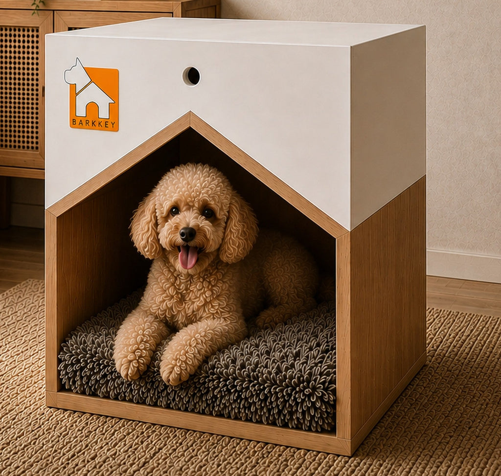 Barkkey Nest house-shaped dog bed for large breeds with a white and wood finish and a curly-haired dog inside.