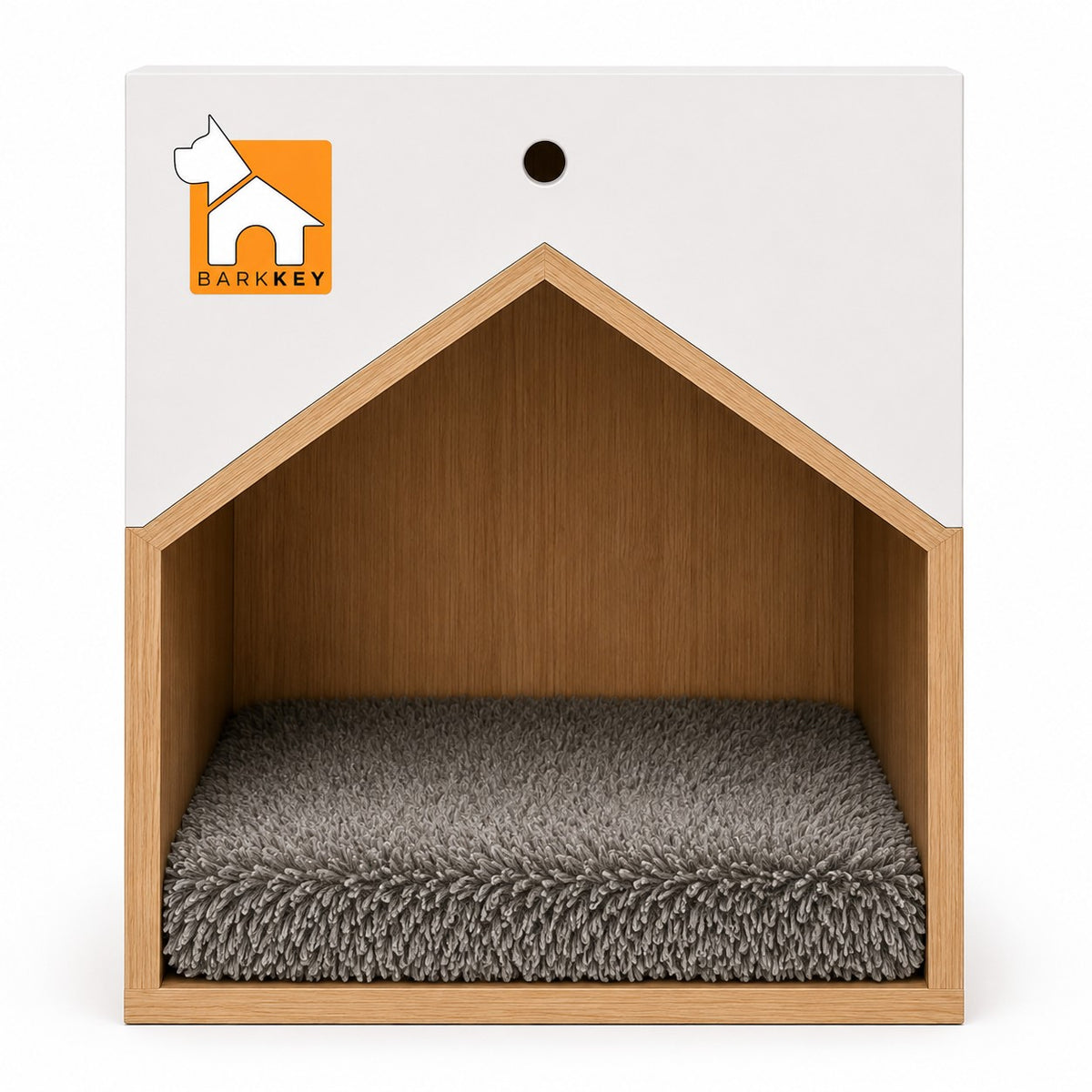 Barkkey Nest house-shaped dog bed for large breeds with a white frame, natural wood interior, and grey plush cushion.