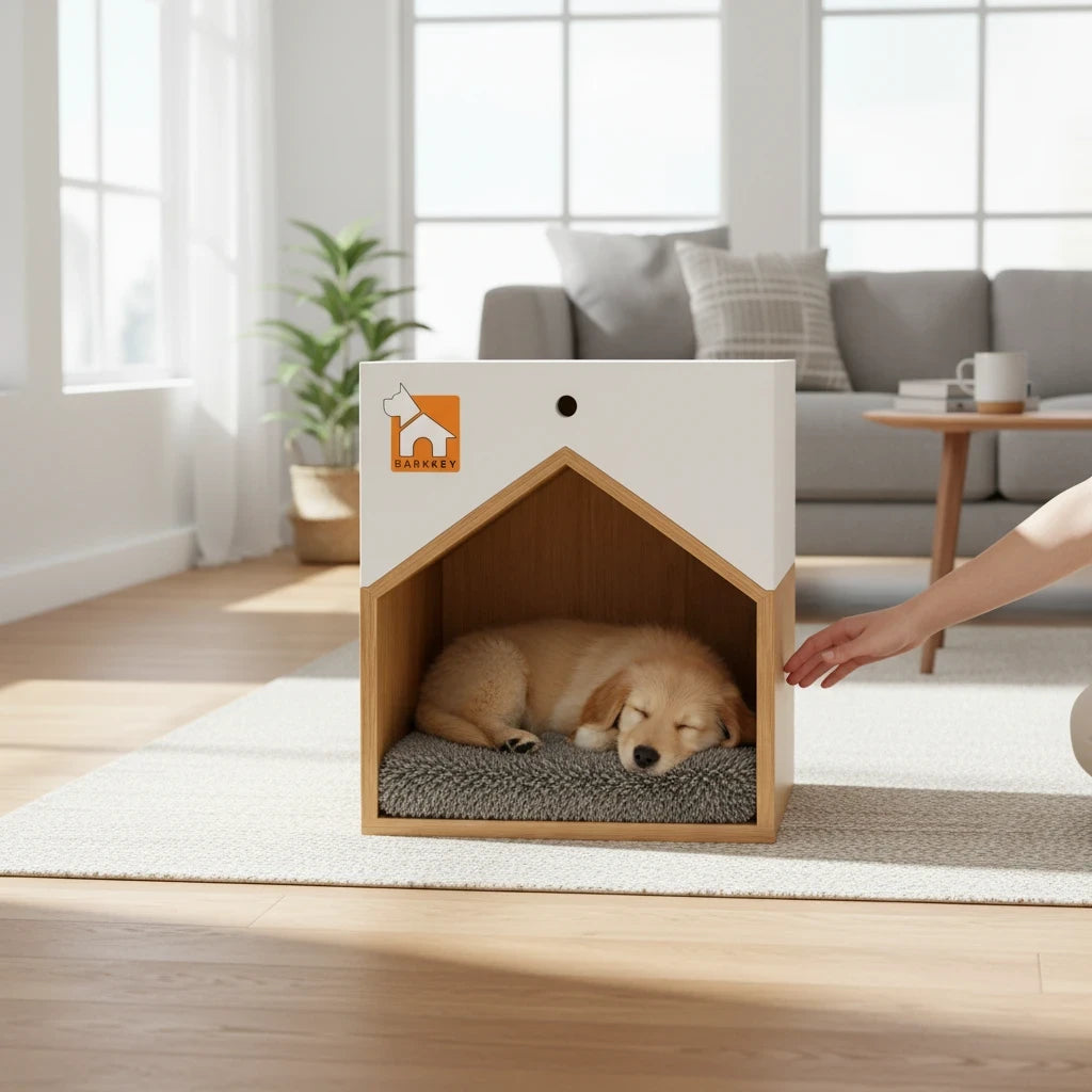 Barkkey Nest house-shaped dog bed for large breeds with a white frame, wooden base, and grey plush cushion.