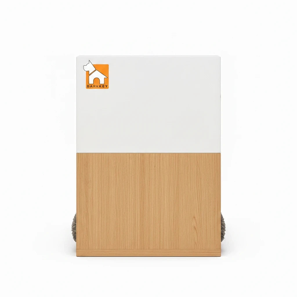 Barkkey NEST large dog house with a modern white and light wood finish in a house-shaped architectural design.