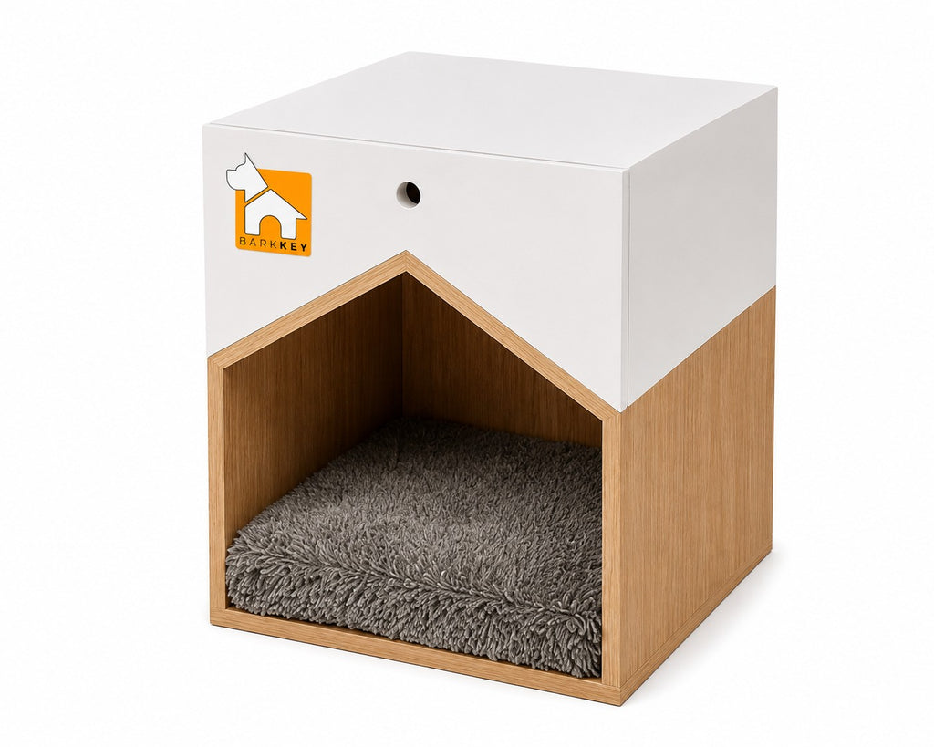Barkkey Nest modern house-shaped dog bed for large breeds with white top, natural wood base, and grey plush cushion.