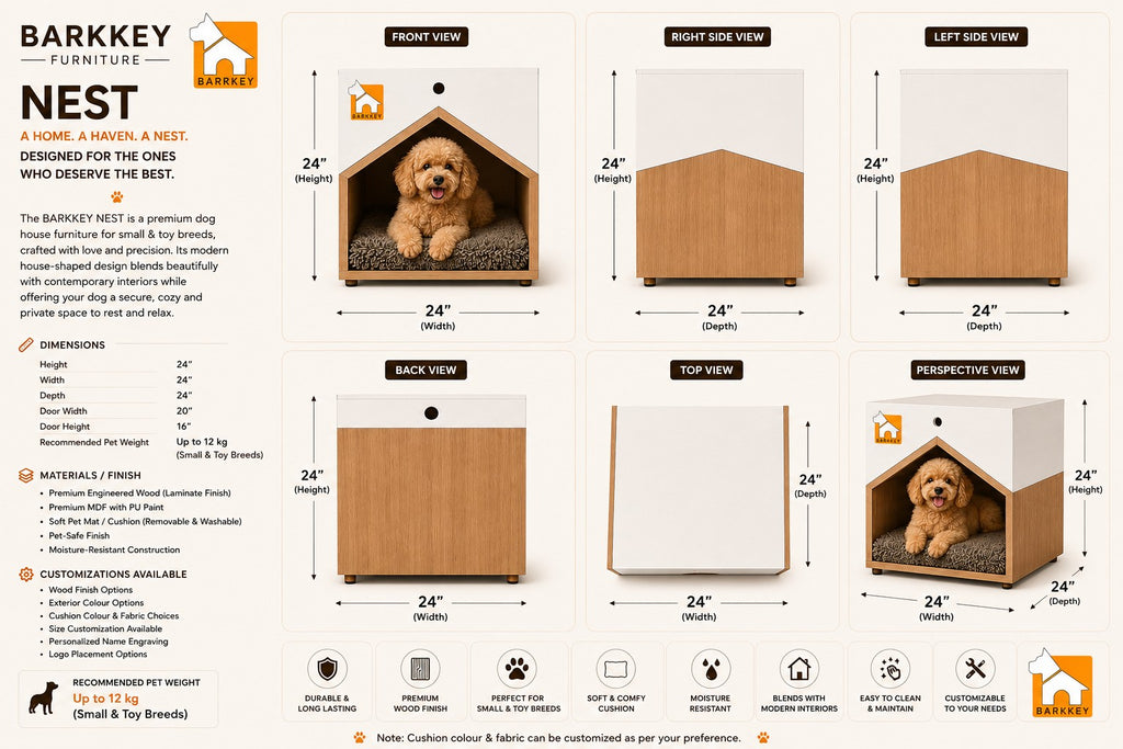 Barkkey NEST house-shaped wooden dog bed with white and wood grain finish, shown from multiple angles with a dog.