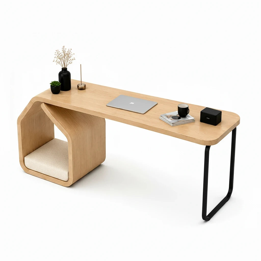 Barkkey Tarry 2 pet-friendly desk with natural wood veneer, black metal legs, and a cozy pet nook with a soft cushion.
