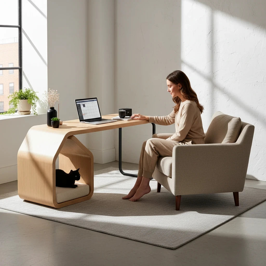 Barkkey Tarry 2 pet-friendly desk with natural wood veneer and a cozy cat nook, featuring a woman working at home.
