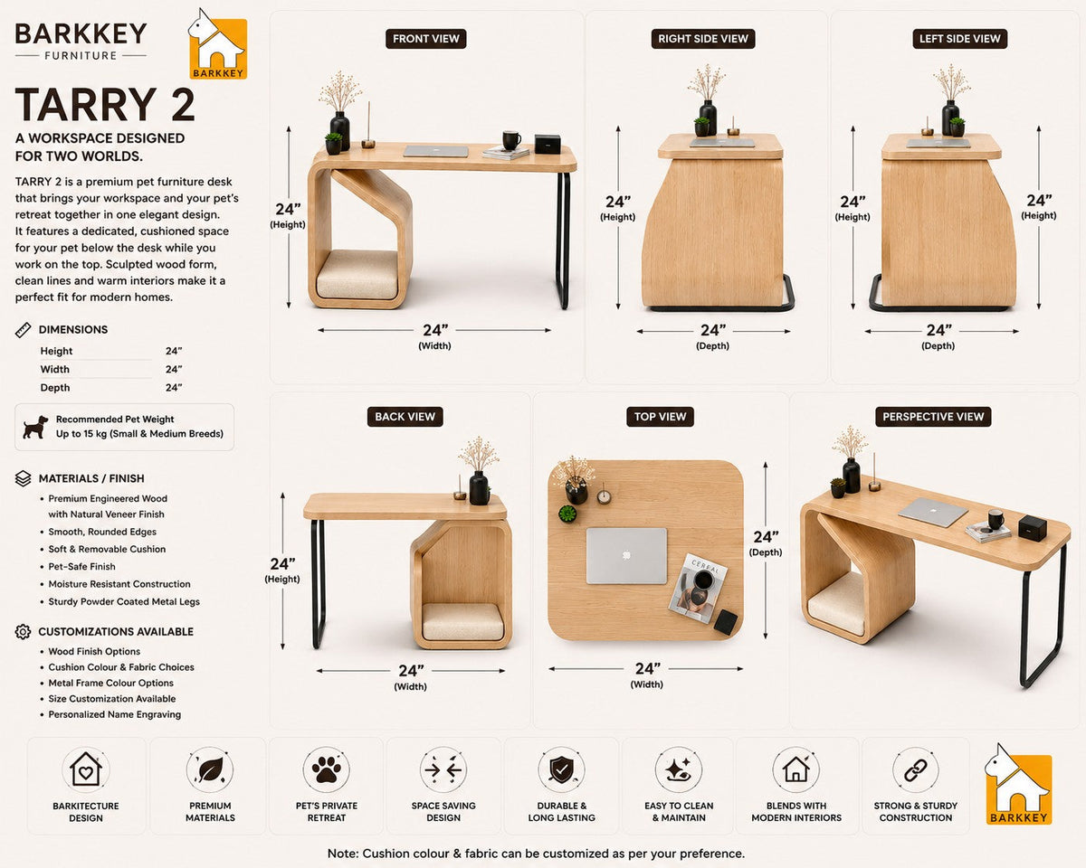 Barkkey Tarry 2 pet-friendly desk with natural wood veneer, metal legs, and a cozy pet nook with a soft cushion.