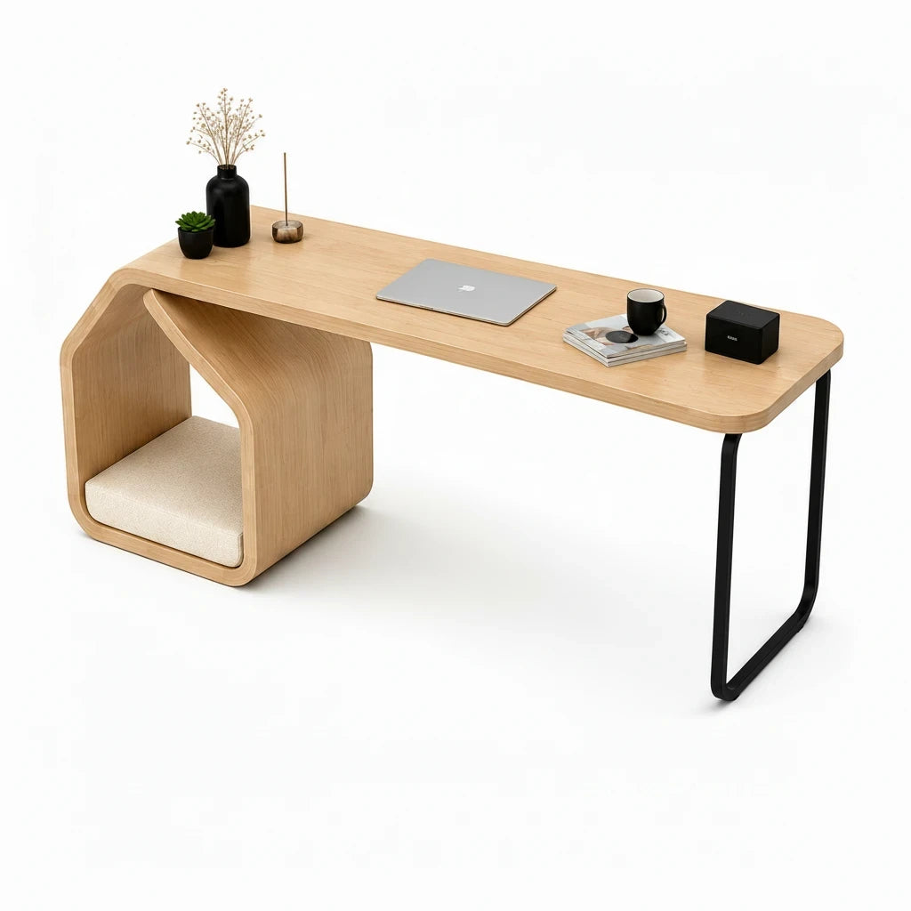 Barkkey Tarry 2 pet-friendly desk with natural wood veneer, black metal legs, and a cozy pet nook with soft cushion.