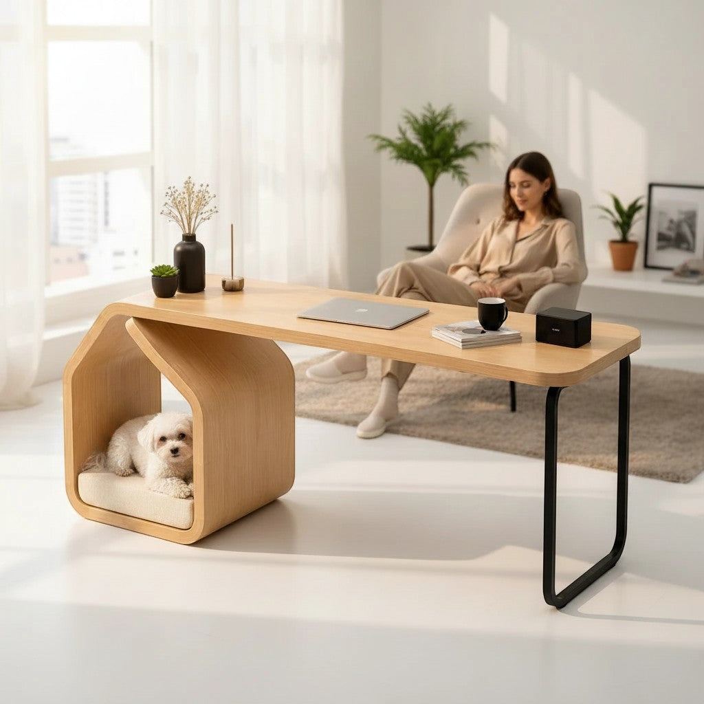 Barkkey Tarry 2 pet-friendly desk with a natural wood finish, black metal legs, and a cozy nook for a small dog.
