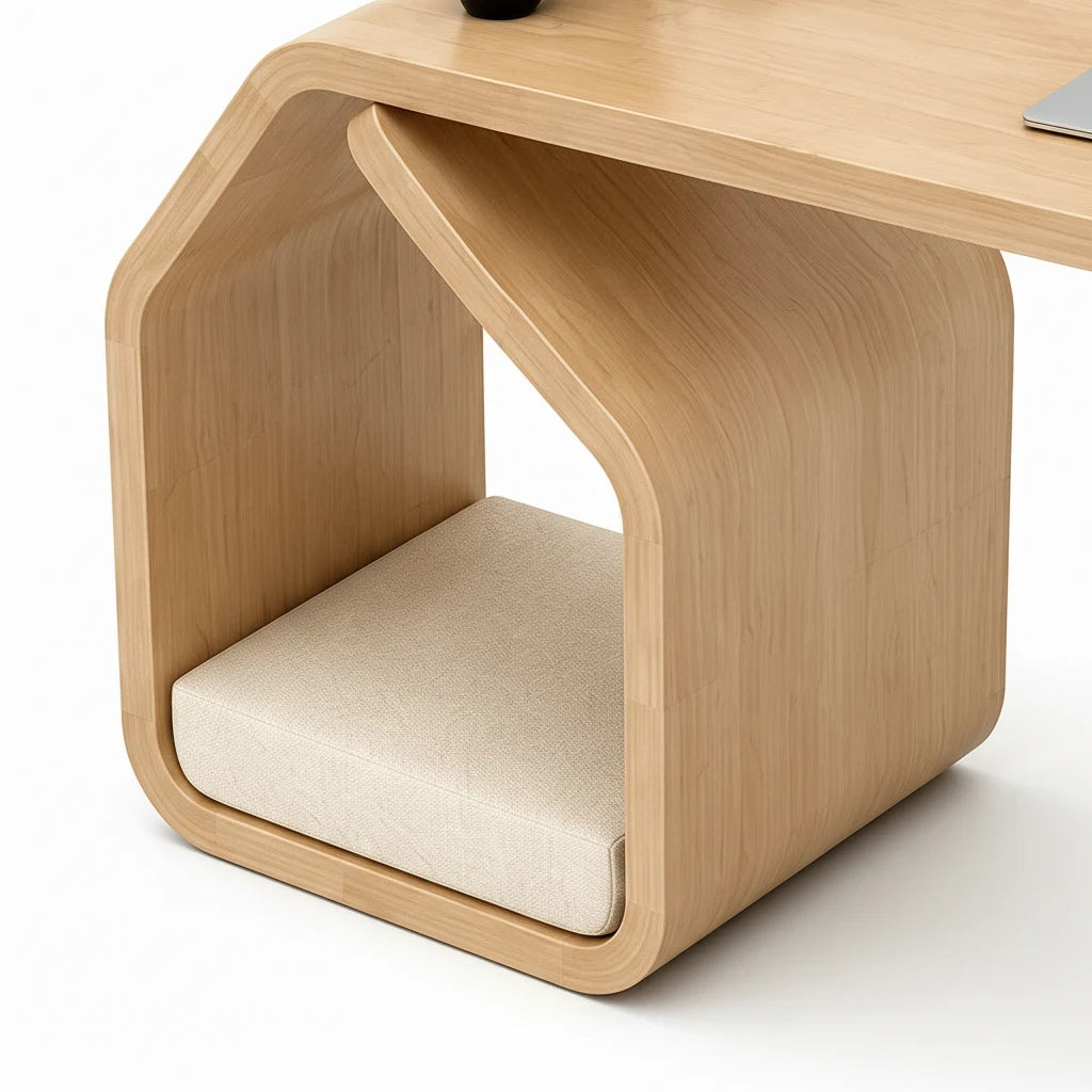 Barkkey Tarry 2 pet-friendly desk featuring a light wood veneer finish and a cozy pet nook with a soft beige cushion.